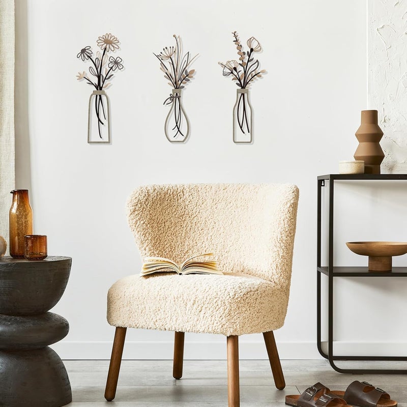Pigort 3 Pieces Metal Flowers Wall Arts - Rustic Farmhouse Style Décor Metal Wall Art Black Minimalist Flower Natural Themed Wall Decors for Home Bedroom Dining Room Housewarming (Brown) - Image 3